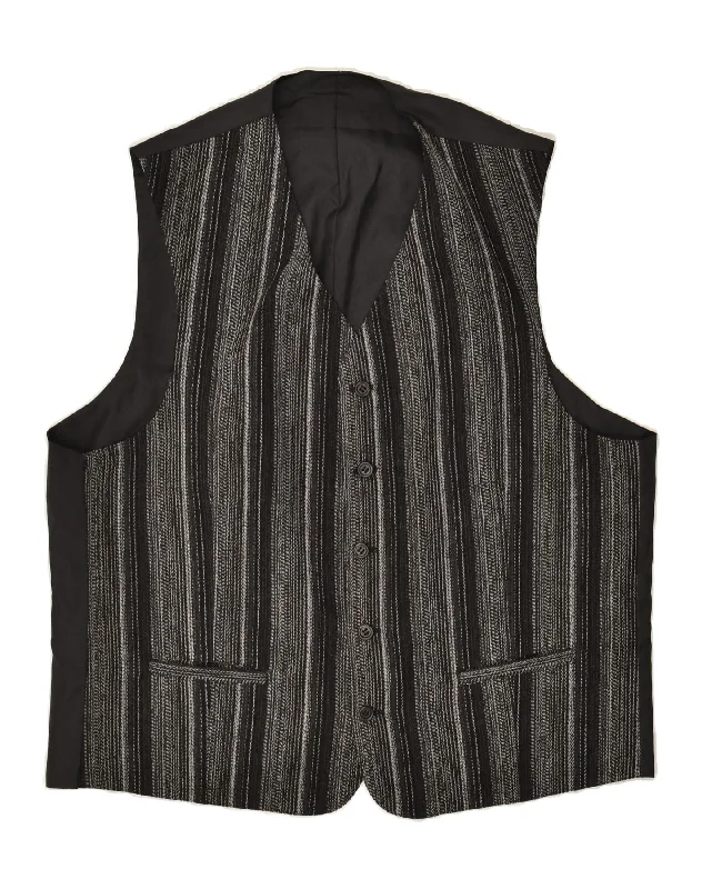 VINTAGE Mens Waistcoat Medium Black Striped Viscose