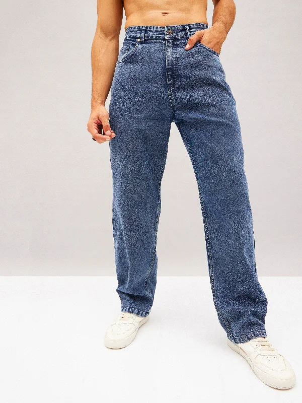 Men Blue Washed Basic Relax Fit Jeans