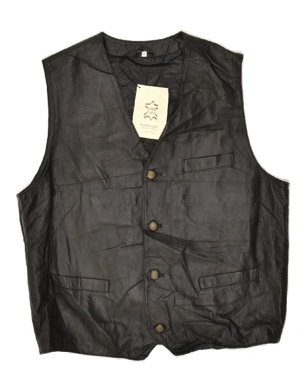 VINTAGE Mens Leather Waistcoat IT 50 Medium Black Leather