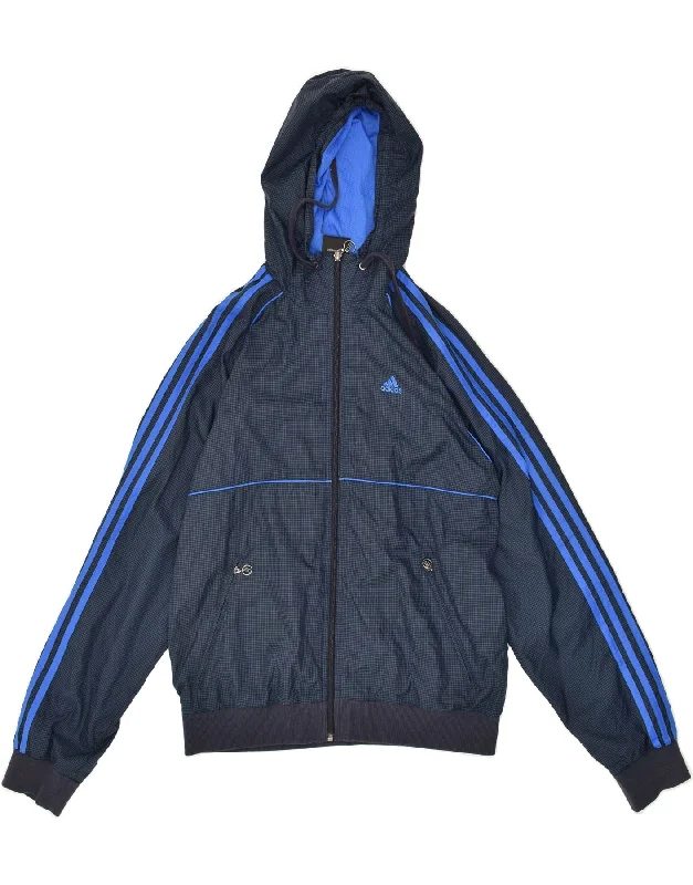 ADIDAS Mens Hooded Rain Jacket UK 36 Small Navy Blue Check Polyamide