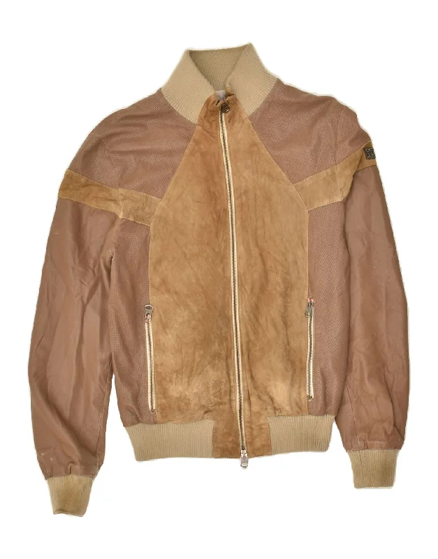 VERA PELLE Mens Bomber Leather Jacket IT 46 Small Brown Leather