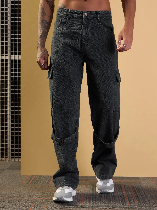 Men Grey Washed Baggy Cargo Jeans