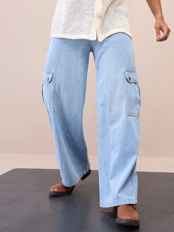 Men Light Blue Wide Leg Cargo Jeans