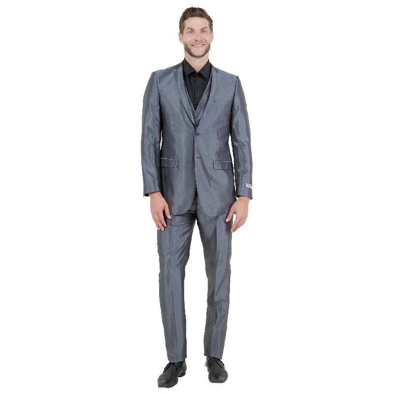 Men's 3-Piece Slim-Fit Shiny Dark Grey Suit Set