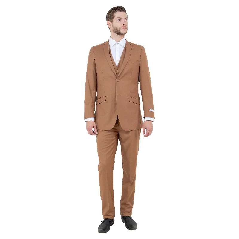 Men's Slim-Fit 3pc Solid Suit Set, Caramel