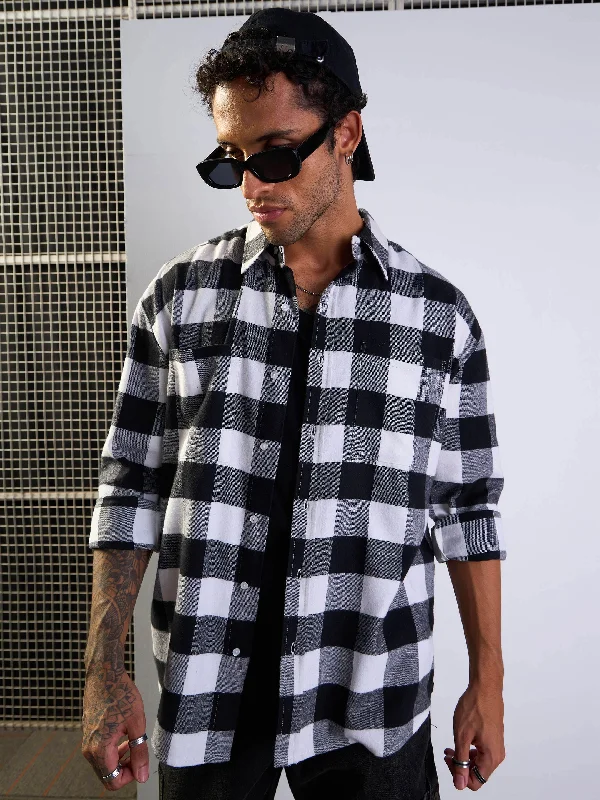 Men Black & White Check Patch Pocket Oversize Shirt