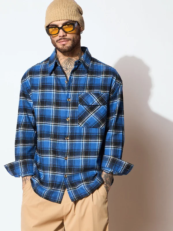 Men Blue & Black Check Oversize Shirt