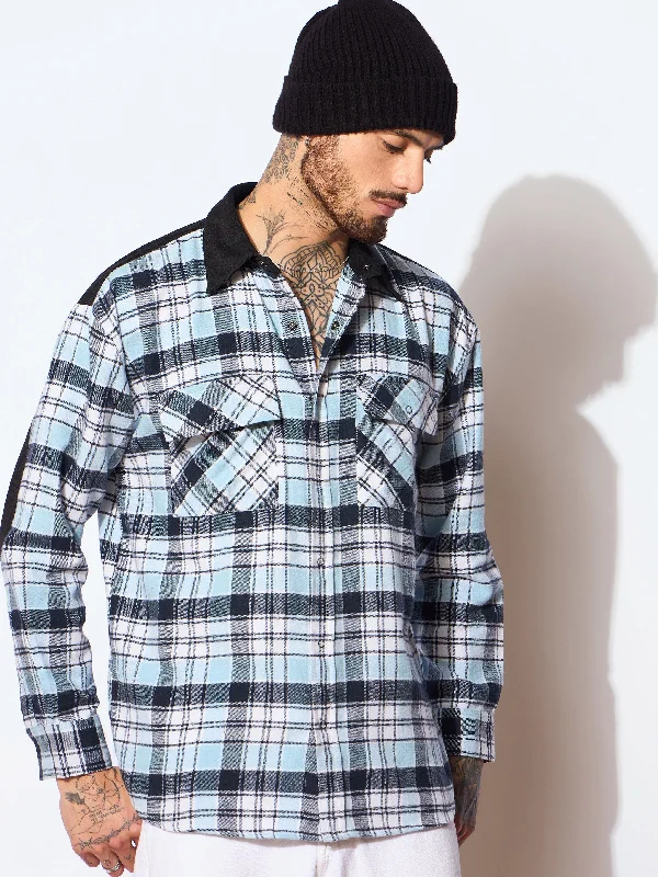 Men Blue & Navy Elbow Patch Oversize Check Shirt