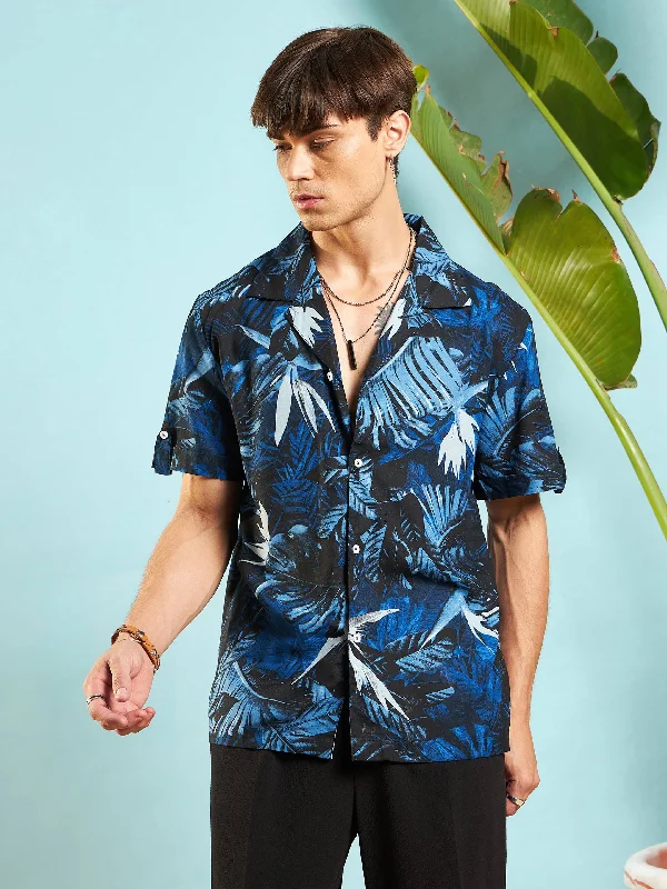 Men Blue Tropical Print Rollup Sleeves Relax Fit Shirt