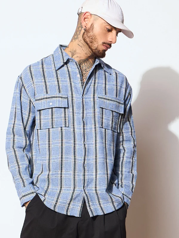 Men Blue & White Check Flap Pocket Oversize Shirt