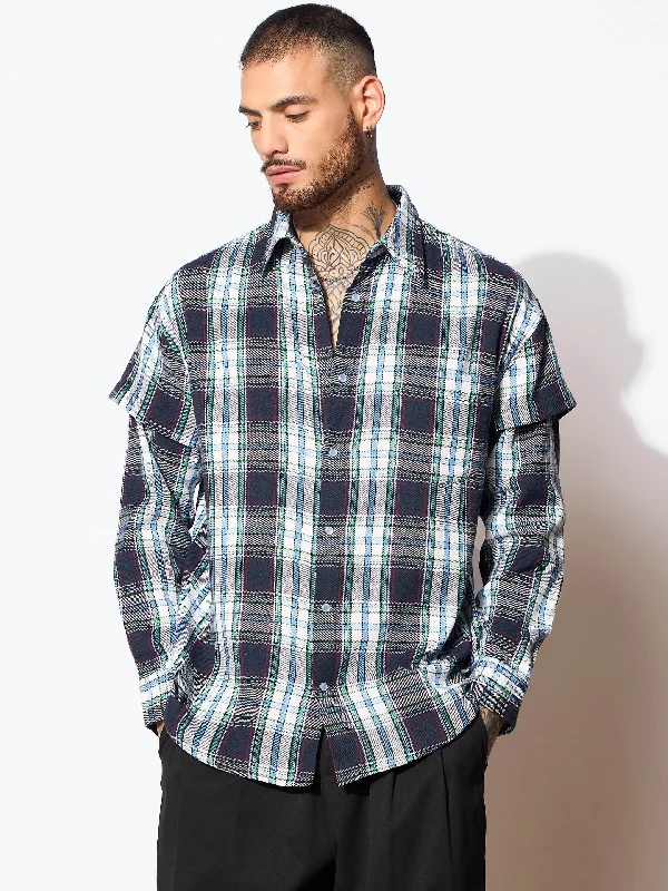 Men Blue & White Check Overlap Sleeves Oversize Shirt