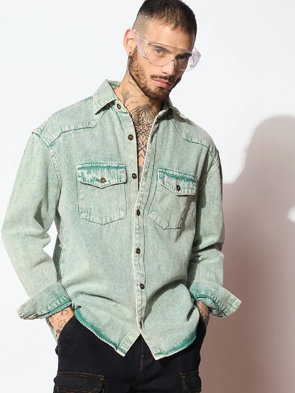 Men Green Washed Denim Oversized Shirt