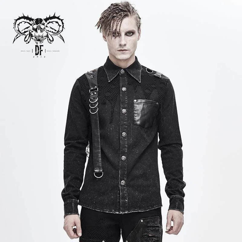 Men's Punk Mesh Applique Harness Denim Shirts