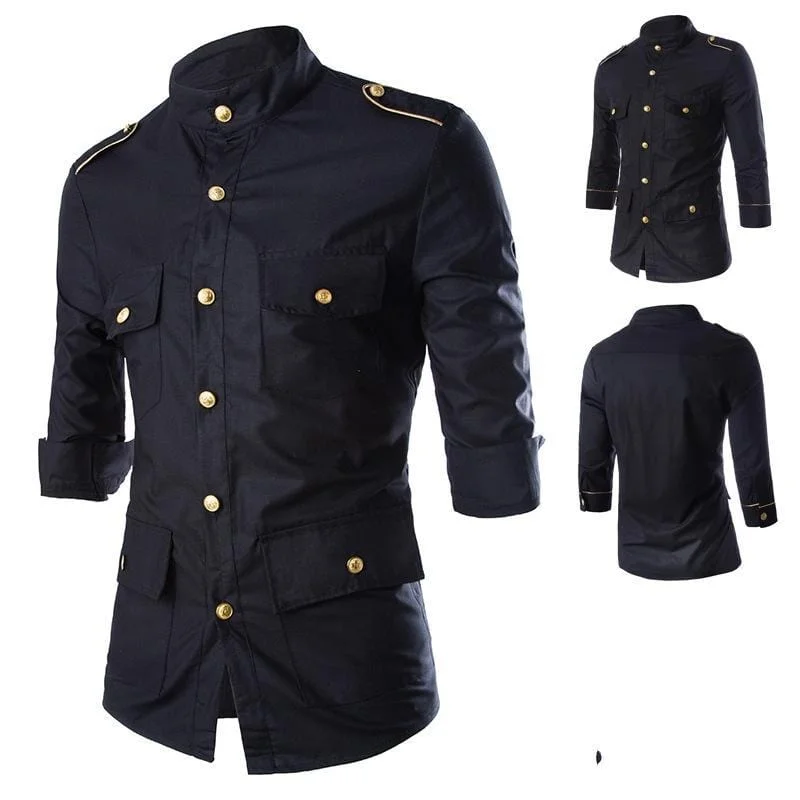 Multi Pocket Epaulette 3/4 Sleeve Dress Shirt